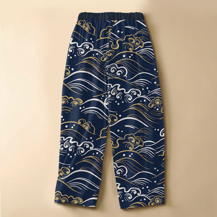 Buddha Stones Pure Cotton Ocean Wave Cloud Pattern Frog Button Women's Elastic Waist Harem Pants With Pockets - image 1