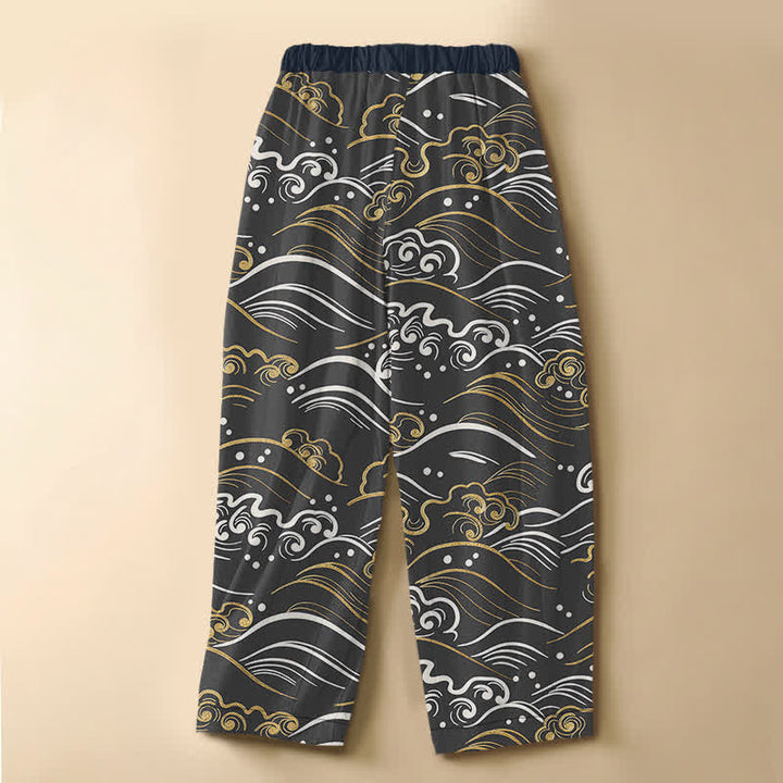 Buddha Stones Pure Cotton Ocean Wave Cloud Pattern Frog Button Women's Elastic Waist Harem Pants With Pockets - image 8