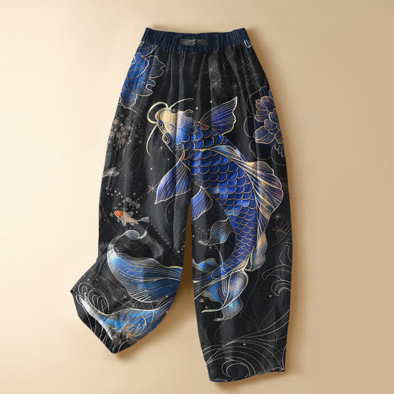 Buddha Stones Pure Cotton Vintage Koi Lotus Pattern Frog Button Women's Elastic Waist Harem Pants With Pockets - Black - US16，UK/AU20，EU48 (3XL) - image 5