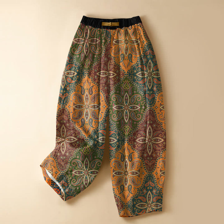 Buddha Stones Pure Cotton Ornate Folk Mandala Pattern Frog Button Women's Elastic Waist Harem Pants With Pockets - Goldenrod - US16，UK/AU20，EU48 (3XL) - image 0