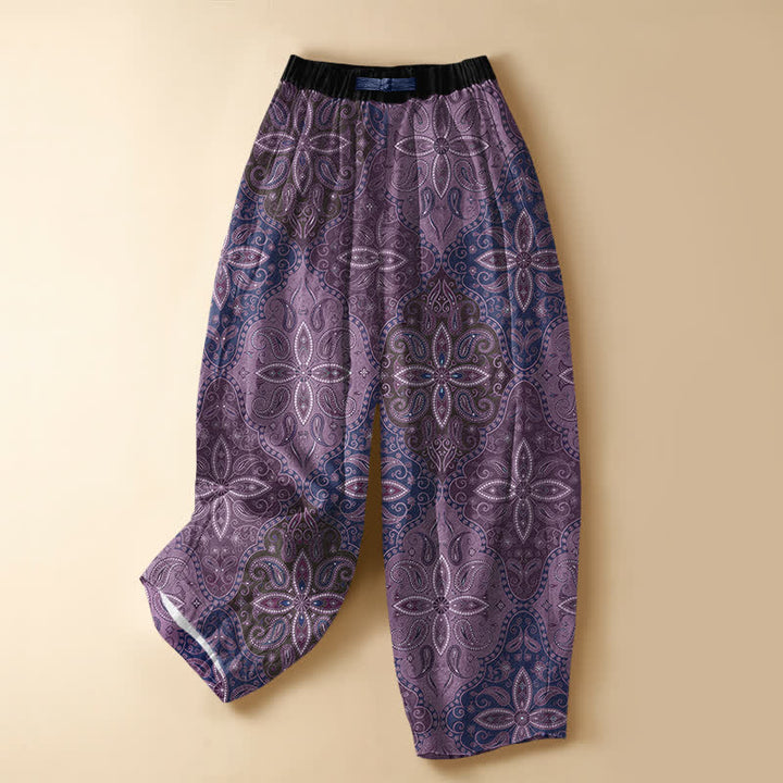 Buddha Stones Pure Cotton Ornate Folk Mandala Pattern Frog Button Women's Elastic Waist Harem Pants With Pockets - MediumOrchid - US16，UK/AU20，EU48 (3XL) - image 7