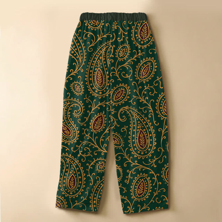Buddha Stones Pure Cotton Vintage Leaf Paisley Pattern Frog Button Women's Elastic Waist Harem Pants With Pockets - image 1