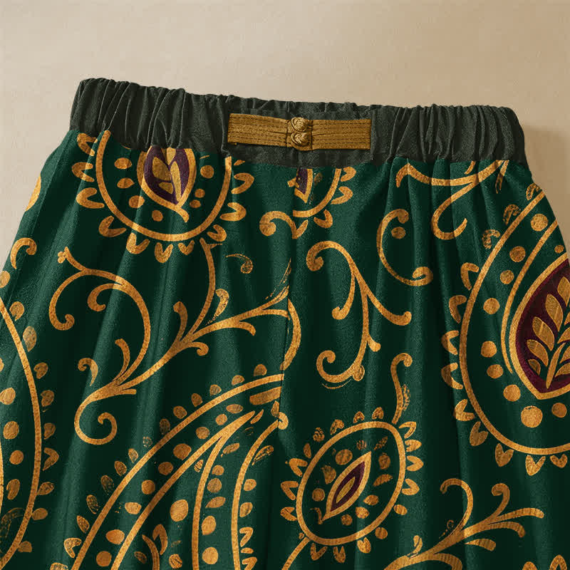 Buddha Stones Pure Cotton Vintage Leaf Paisley Pattern Frog Button Women's Elastic Waist Harem Pants With Pockets - image 3