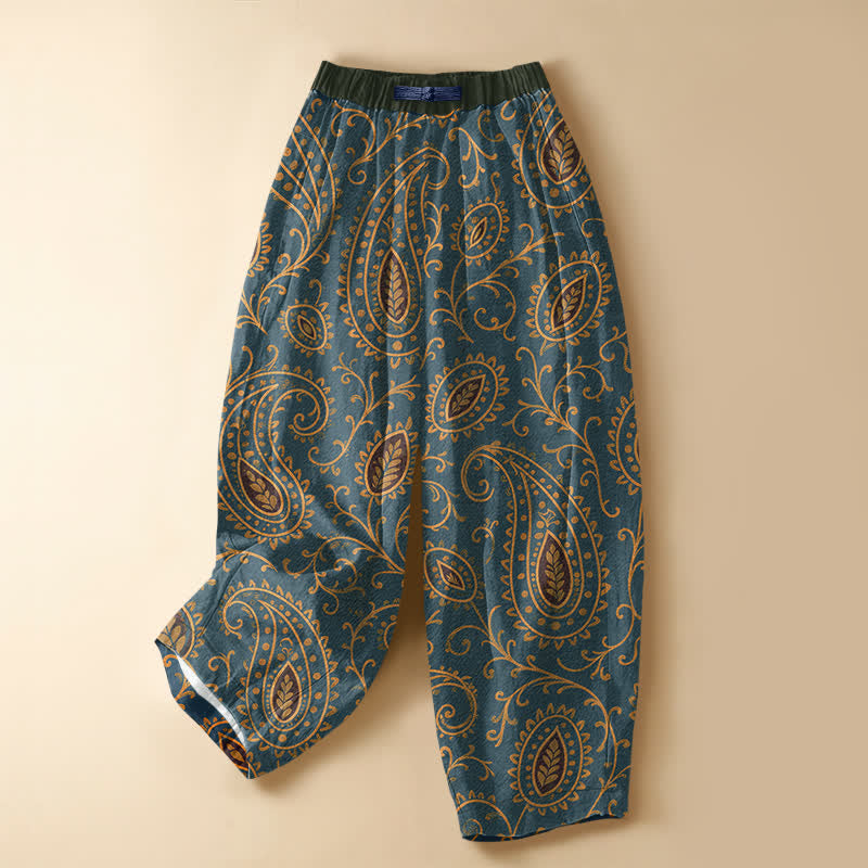 Buddha Stones Pure Cotton Vintage Leaf Paisley Pattern Frog Button Women's Elastic Waist Harem Pants With Pockets - Teal - US16，UK/AU20，EU48 (3XL) - image 5