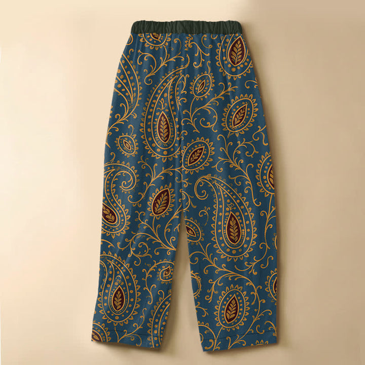 Buddha Stones Pure Cotton Vintage Leaf Paisley Pattern Frog Button Women's Elastic Waist Harem Pants With Pockets - image 6