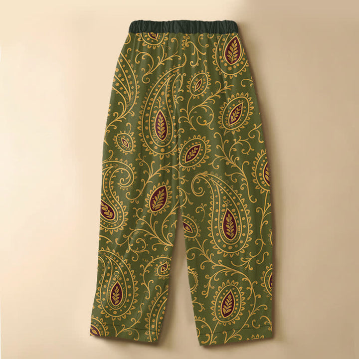 Buddha Stones Pure Cotton Vintage Leaf Paisley Pattern Frog Button Women's Elastic Waist Harem Pants With Pockets - image 8