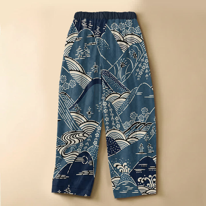 Buddha Stones Pure Cotton Japanese Wave Landscape Pattern Frog Button Women's Elastic Waist Harem Pants With Pockets - image 1