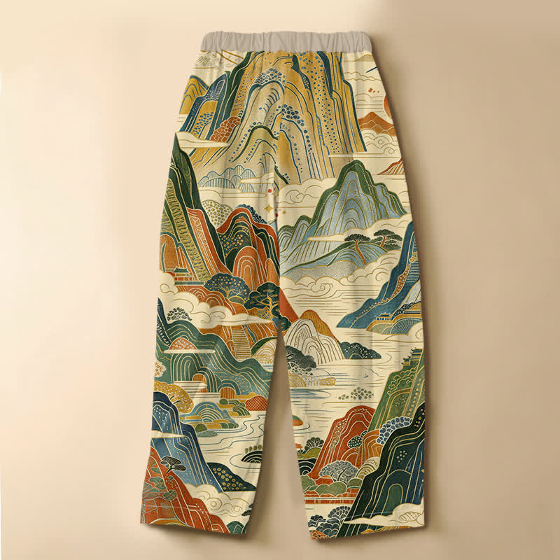 Buddha Stones Pure Cotton Vintage Mountain Landscape Pattern Frog Button Women's Elastic Waist Harem Pants With Pockets - image 6