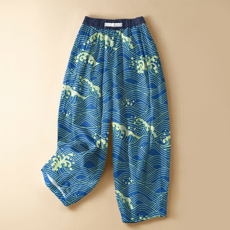 Buddha Stones Pure Cotton Ocean Wave Pattern Frog Button Women's Elastic Waist Harem Pants With Pockets - DodgerBlue - US16，UK/AU20，EU48 (3XL) - image 0