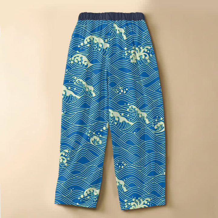 Buddha Stones Pure Cotton Ocean Wave Pattern Frog Button Women's Elastic Waist Harem Pants With Pockets - image 1