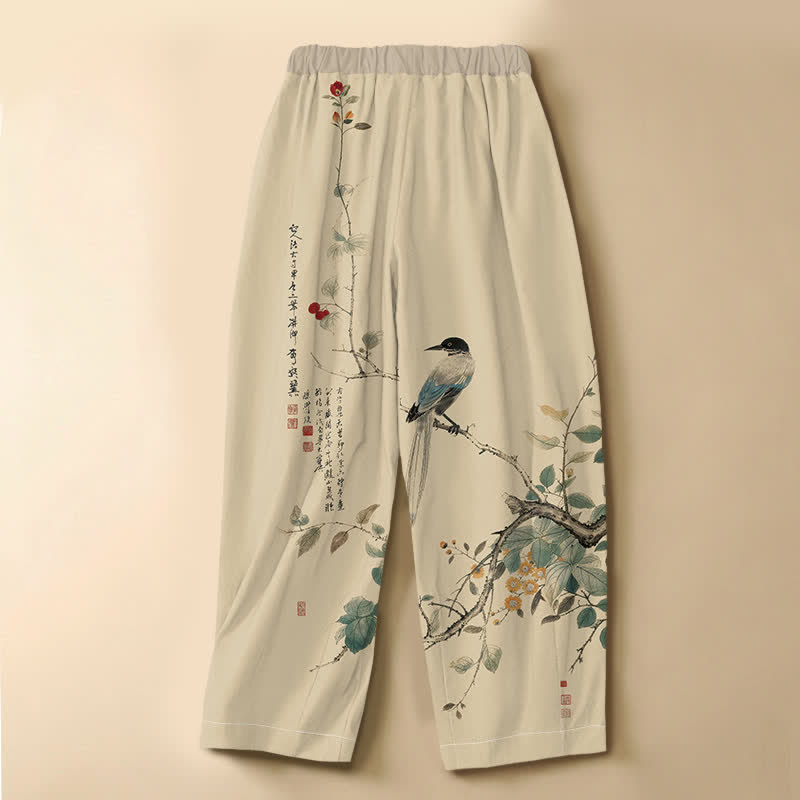 Buddha Stones Pure Cotton Oriental Bird Branch Pattern Frog Button Women's Elastic Waist Harem Pants With Pockets - image 1