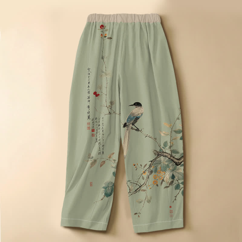 Buddha Stones Pure Cotton Oriental Bird Branch Pattern Frog Button Women's Elastic Waist Harem Pants With Pockets - image 6