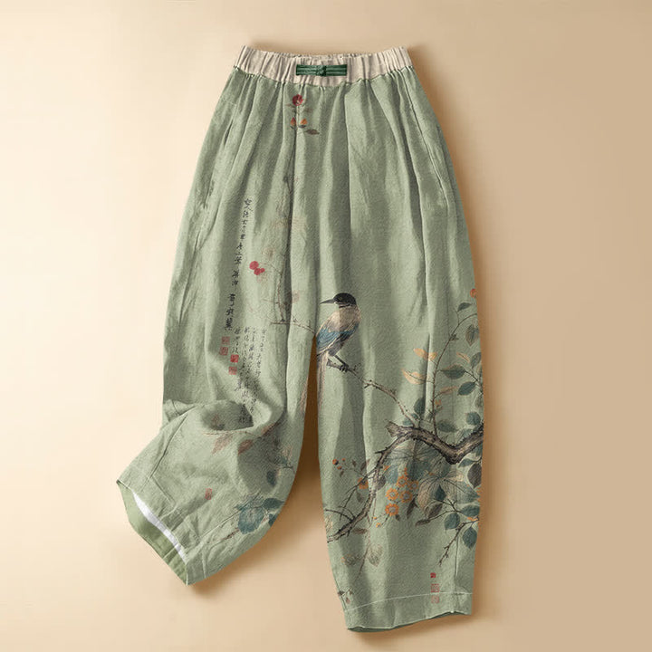 Buddha Stones Pure Cotton Oriental Bird Branch Pattern Frog Button Women's Elastic Waist Harem Pants With Pockets - PaleGreen - US16，UK/AU20，EU48 (3XL) - image 5