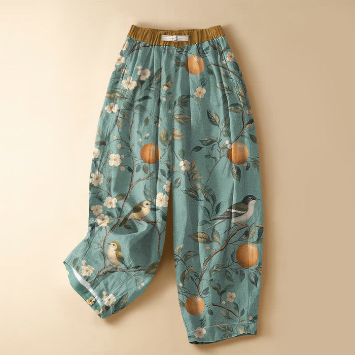 Buddha Stones Pure Cotton Orchard Bird Bloom Pattern Frog Button Women's Elastic Waist Harem Pants With Pockets - DarkTurquoise - US16，UK/AU20，EU48 (3XL) - image 0