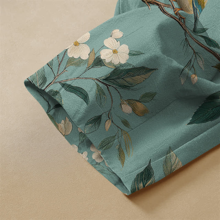 Buddha Stones Pure Cotton Orchard Bird Bloom Pattern Frog Button Women's Elastic Waist Harem Pants With Pockets - image 2