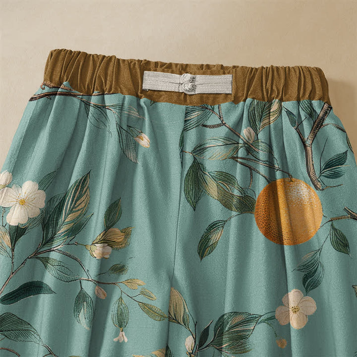 Buddha Stones Pure Cotton Orchard Bird Bloom Pattern Frog Button Women's Elastic Waist Harem Pants With Pockets - image 3