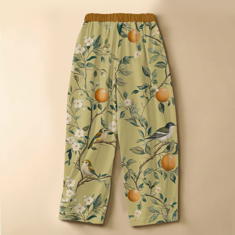 Buddha Stones Pure Cotton Orchard Bird Bloom Pattern Frog Button Women's Elastic Waist Harem Pants With Pockets - image 6