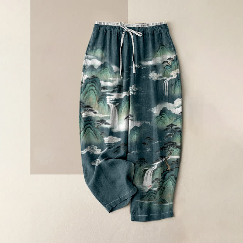 Buddha Stones Pure Cotton Pine Mountain Scenery Pattern Women's Elastic Waist Pants With Pockets - DarkCyan - US16，UK/AU20，EU48 (3XL) - image 4