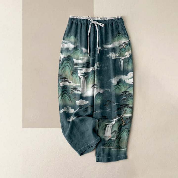 Buddha Stones Pure Cotton Pine Mountain Scenery Pattern Women's Elastic Waist Pants With Pockets - DarkCyan - US16，UK/AU20，EU48 (3XL) - image 4