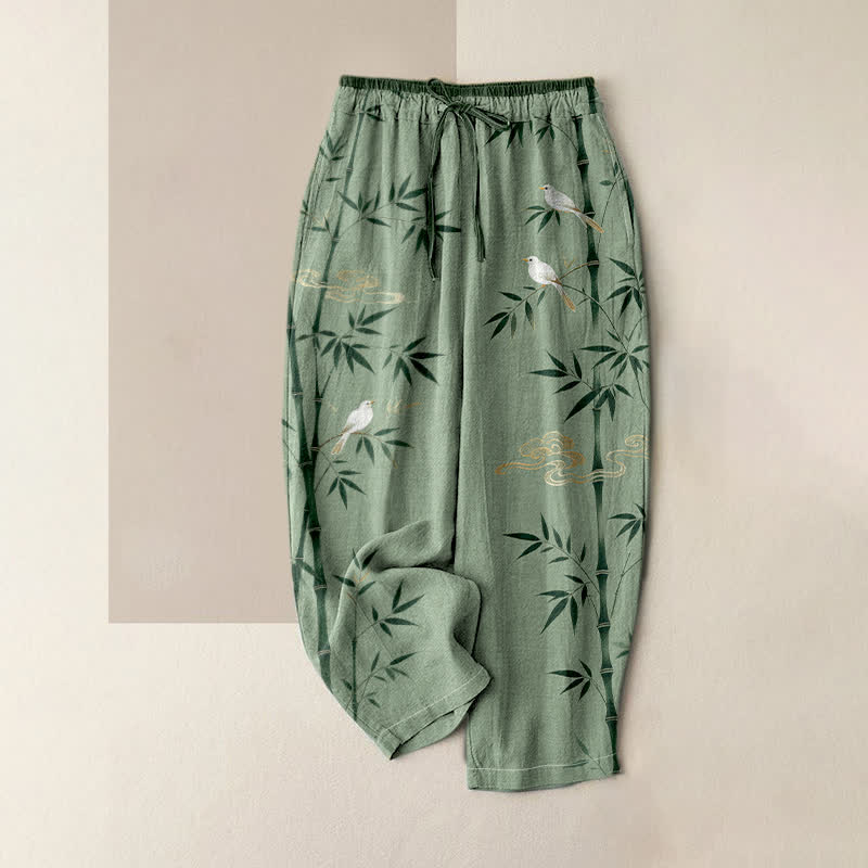 Buddha Stones Pure Cotton Bamboo Bird Pattern Women's Elastic Waist Pants With Pockets - OliveDrab - US16，UK/AU20，EU48 (3XL) - image 0