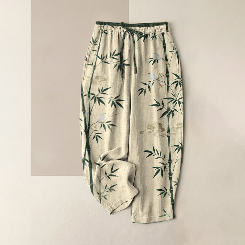 Buddha Stones Pure Cotton Bamboo Bird Pattern Women's Elastic Waist Pants With Pockets - Beige - US16，UK/AU20，EU48 (3XL) - image 3