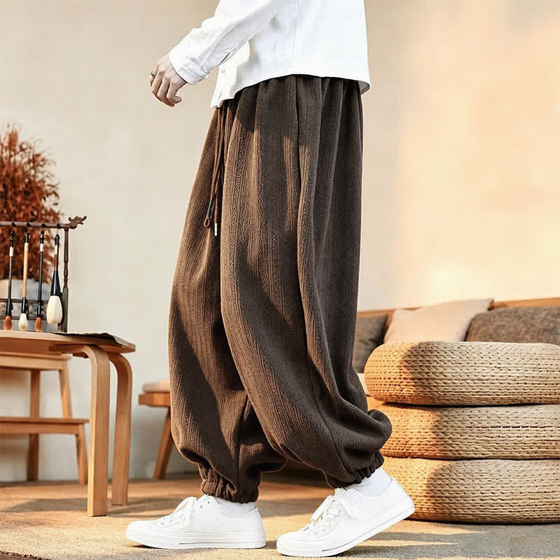 Buddha Stones Fall Winter Casual Minimalist Drawstring Solid Ankle Pants Corduroy Men's Harem Pants With Pockets - image 3