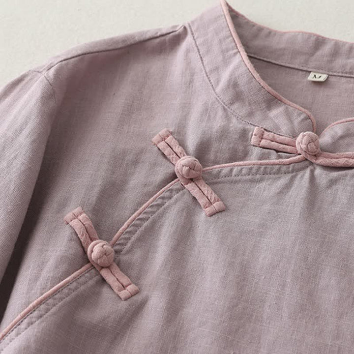 Buddha Stones Spring Fall Casual Vintage Tang Style Frog Button Solid Linen Women's Long Sleeve Shirts - image 2
