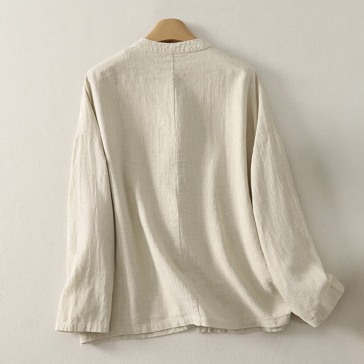 Buddha Stones Fall Casual Tang Style Frog Button Solid Cotton Linen Women's Long Sleeve Shirts - image 1