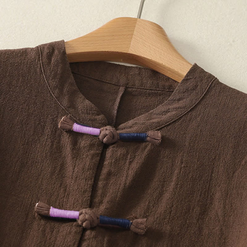 Buddha Stones Fall Casual Tang Style Frog Button Solid Cotton Linen Women's Long Sleeve Shirts - image 11