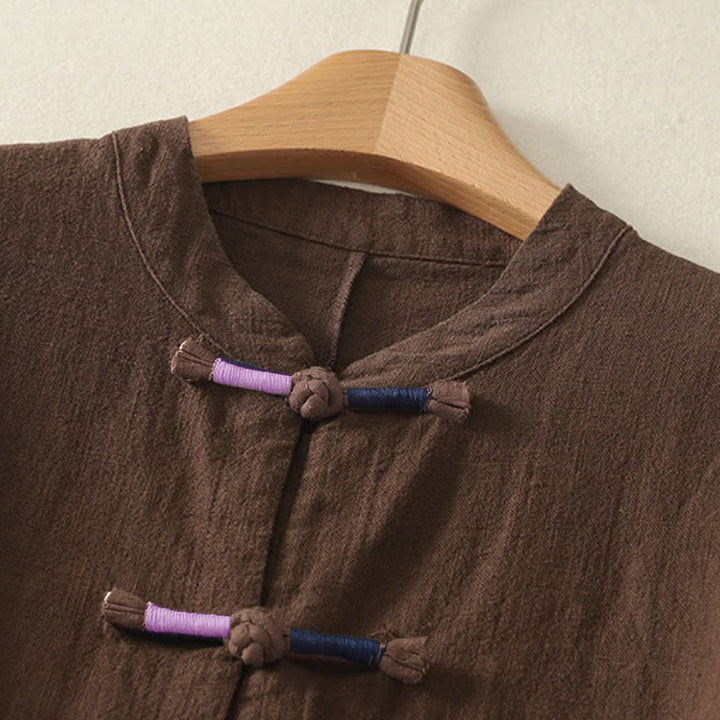 Buddha Stones Fall Casual Tang Style Frog Button Solid Cotton Linen Women's Long Sleeve Shirts - image 11