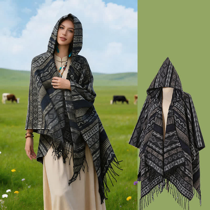 Buddha Stones Fall Winter Hooded Geometric Stripe Tassel Poncho Women's Shawl - Blue Gray - 140*159cm - image 24