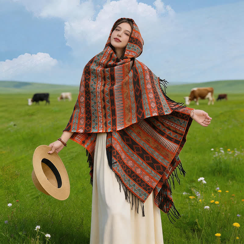 Buddha Stones Fall Winter Hooded Geometric Stripe Tassel Poncho Women's Shawl - Orange - 140*159cm - image 0