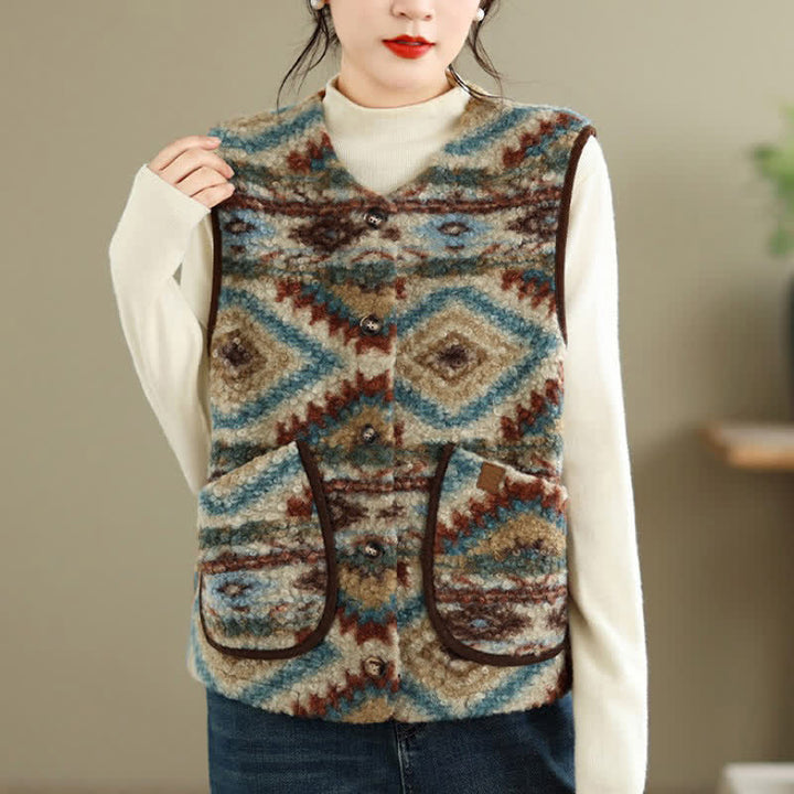 Buddha Stones Fall Winter Casual Vintage Button-Up Geometric Tank Top Women's Vest With Pocket - image 2