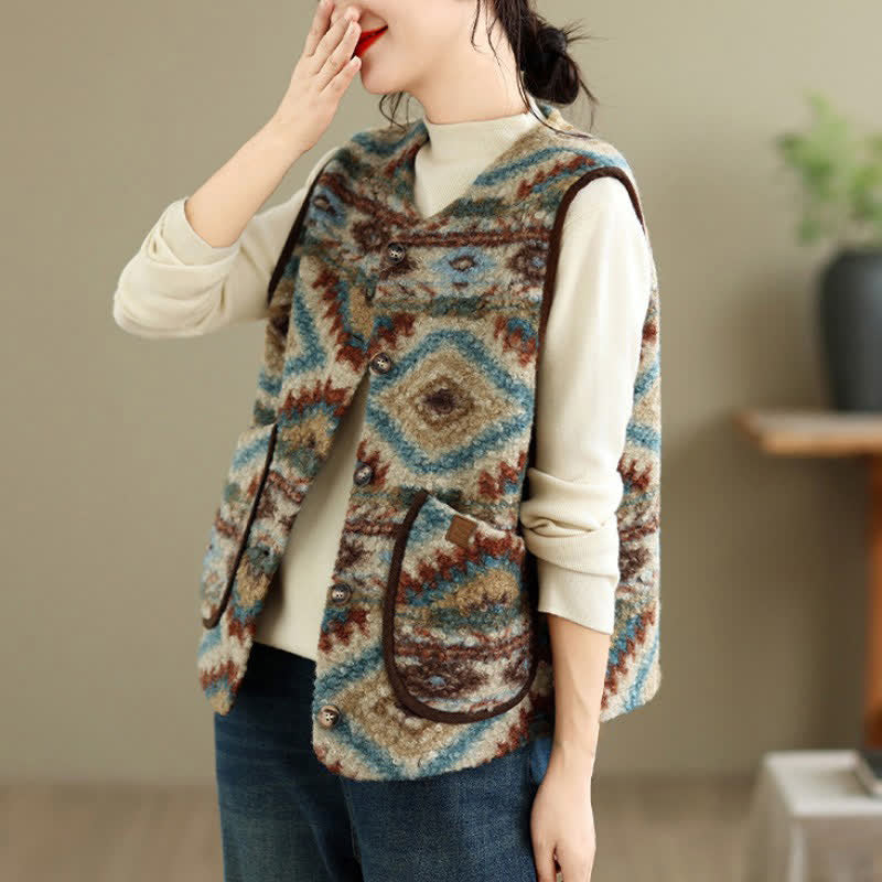 Buddha Stones Fall Winter Casual Vintage Button-Up Geometric Tank Top Women's Vest With Pocket - image 5