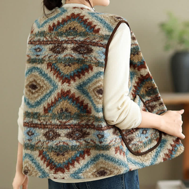 Buddha Stones Fall Winter Casual Vintage Button-Up Geometric Tank Top Women's Vest With Pocket - image 4