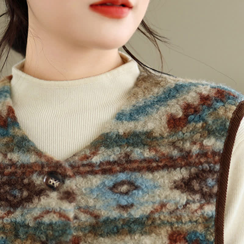 Buddha Stones Fall Winter Casual Vintage Button-Up Geometric Tank Top Women's Vest With Pocket - image 6