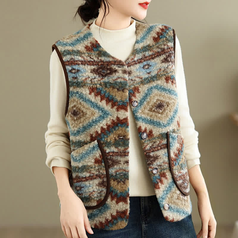 Buddha Stones Fall Winter Casual Vintage Button-Up Geometric Tank Top Women's Vest With Pocket - image 1