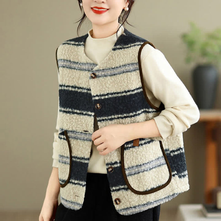 Buddha Stones Fall Winter Casual Vintage Button-Up Geometric Tank Top Women's Vest With Pocket - image 21