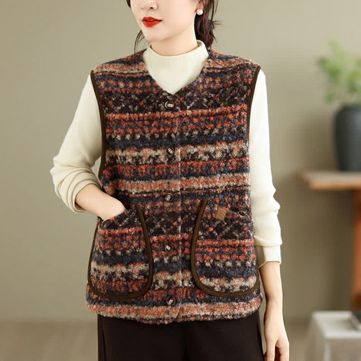Buddha Stones Fall Winter Casual Vintage Button-Up Geometric Tank Top Women's Vest With Pocket - image 23