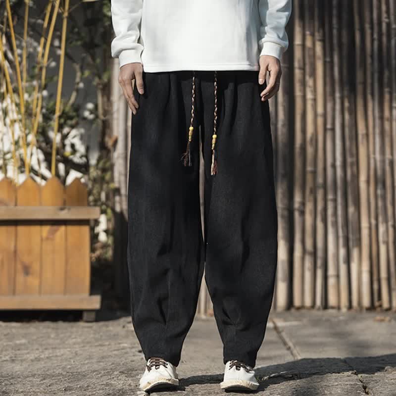 Buddha Stones Fall Winter Casual Retro Drawstring Solid Corduroy Ankle Pants Men's Wide Leg Pants With Pocket - image 16