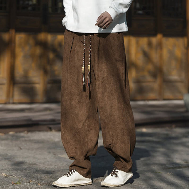 Buddha Stones Fall Winter Casual Retro Drawstring Solid Corduroy Ankle Pants Men's Wide Leg Pants With Pocket - image 1