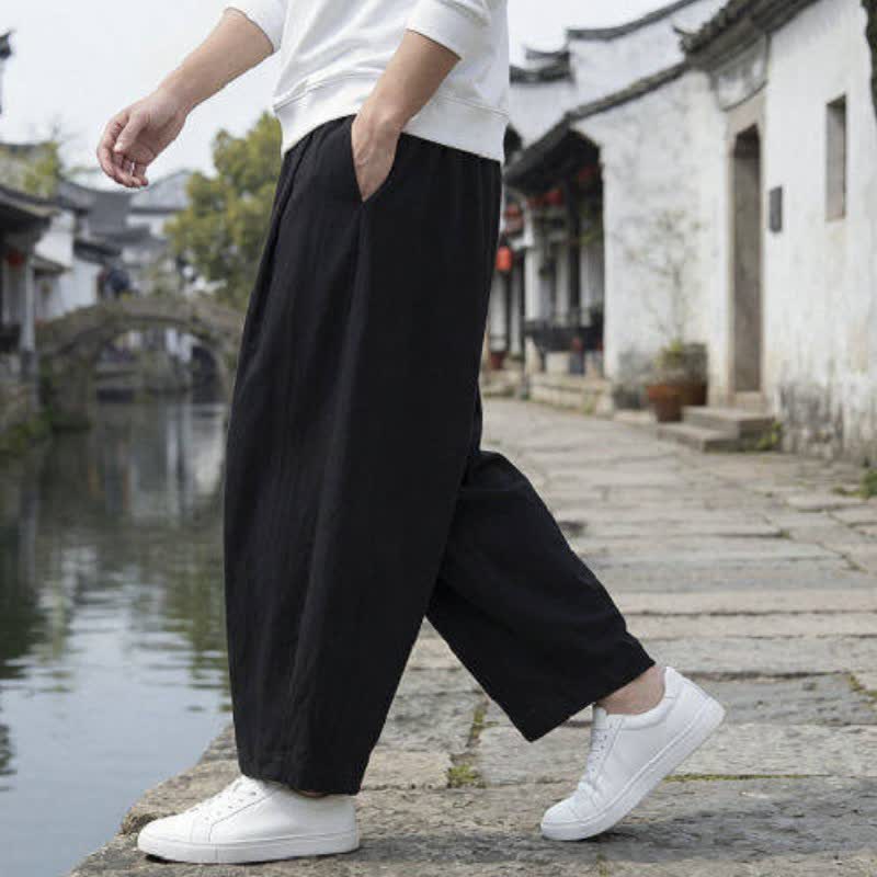Buddha Stones Fall Casual Minimalist Drawstring Solid Cropped Pants Men's Straight Leg Pants With Pockets - image 5