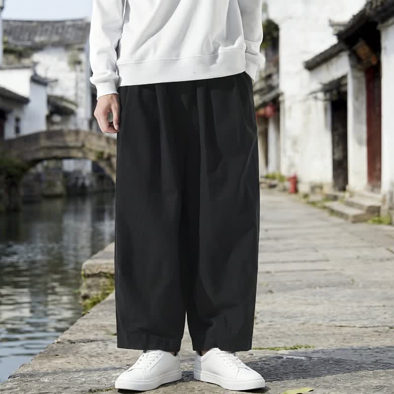 Buddha Stones Fall Casual Minimalist Drawstring Solid Cropped Pants Men's Straight Leg Pants With Pockets - image 6