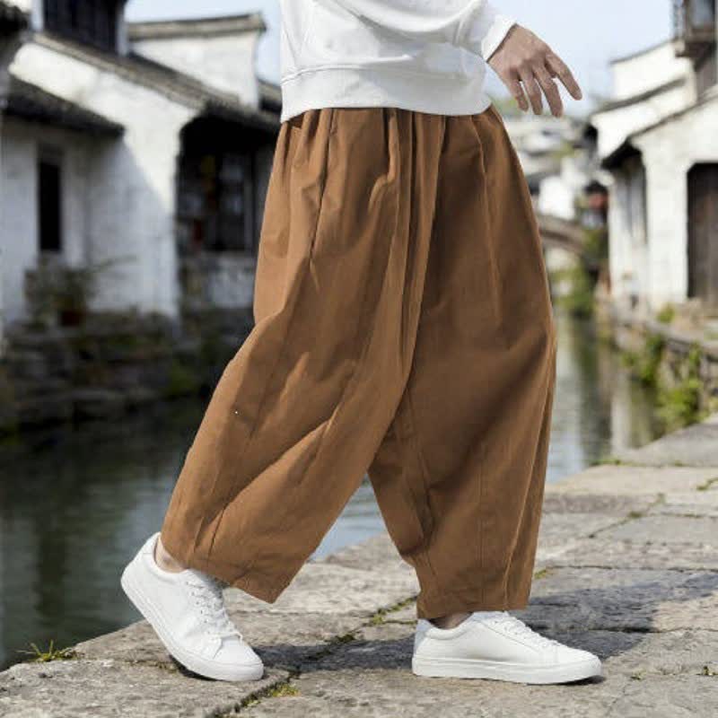 Buddha Stones Fall Casual Minimalist Drawstring Solid Cropped Pants Men's Straight Leg Pants With Pockets - image 17