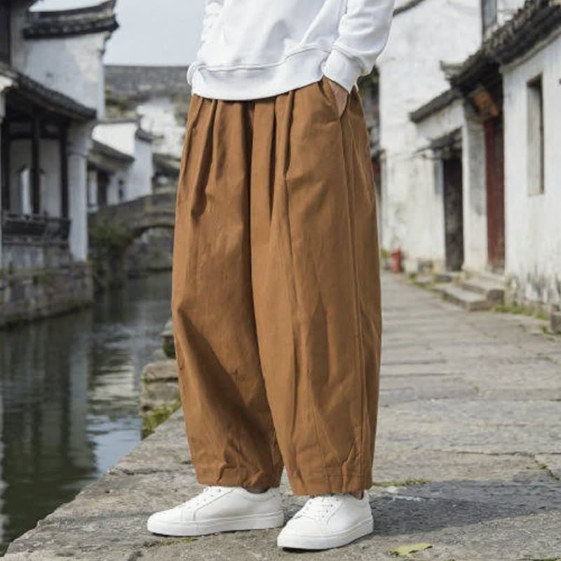 Buddha Stones Fall Casual Minimalist Drawstring Solid Cropped Pants Men's Straight Leg Pants With Pockets - image 14