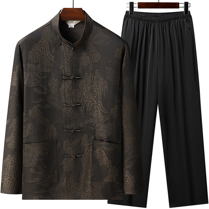 Buddha Stones 2Pcs Spring Fall Tang Style Classic Mandarin Collar Cloud Pattern Men's Meditation Cloth With Pockets - SaddleBrown - US/UK/AU46, EU56 (5XL) - image 0