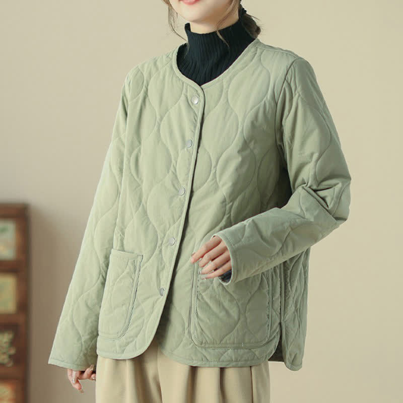 Buddha Stones Fall Winter Casual Minimalist Button-Up Geometric Curved Lines Women's Jacket With Pockets - image 3