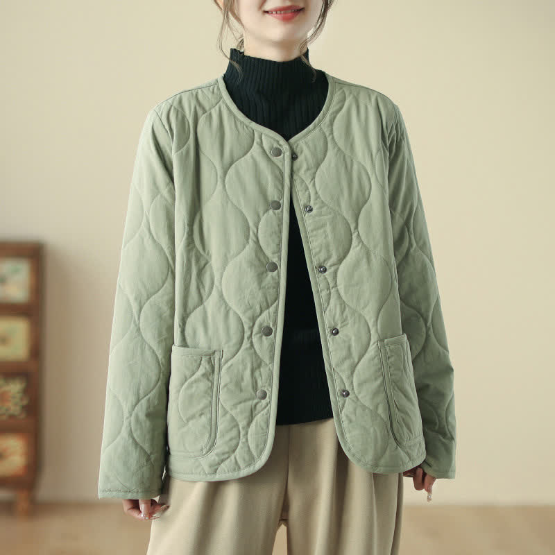 Buddha Stones Fall Winter Casual Minimalist Button-Up Geometric Curved Lines Women's Jacket With Pockets - image 5
