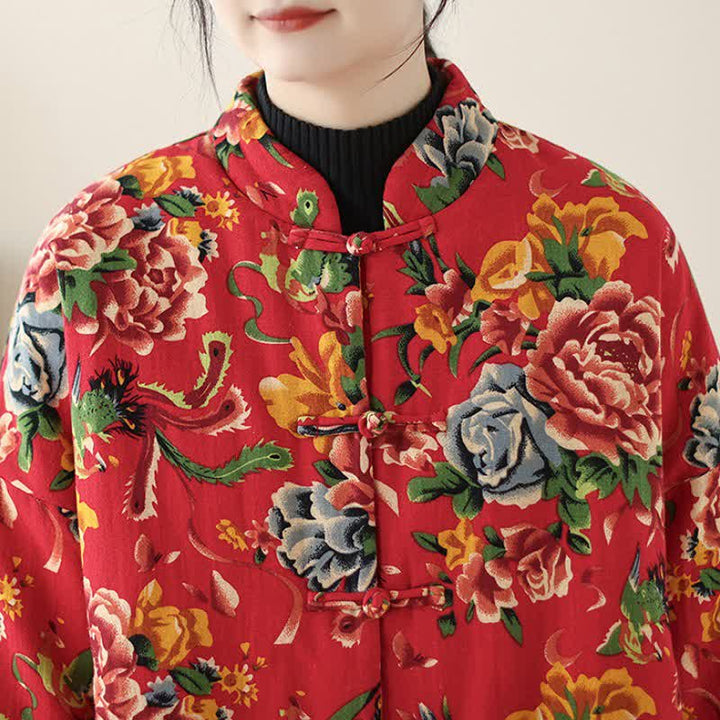 Buddha Stones Winter Vintage Tang Style Frog Button Peony Floral Women's Jacket With Pockets - image 6