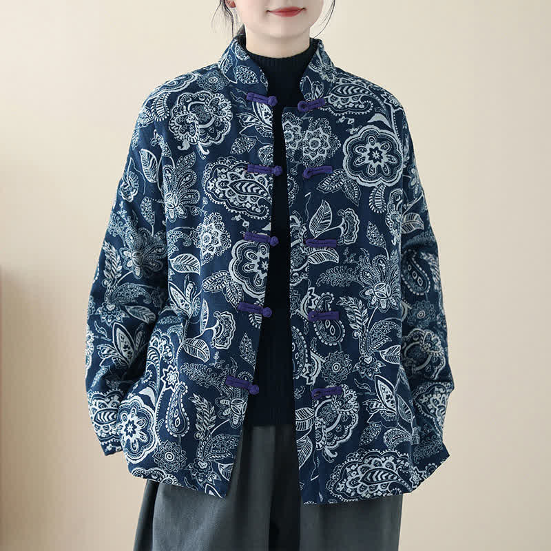 Buddha Stones Winter Vintage Tang Style Frog Button Peony Floral Women's Jacket With Pockets - Navy - US14, UK/AU18, EU46 (2XL) - image 11